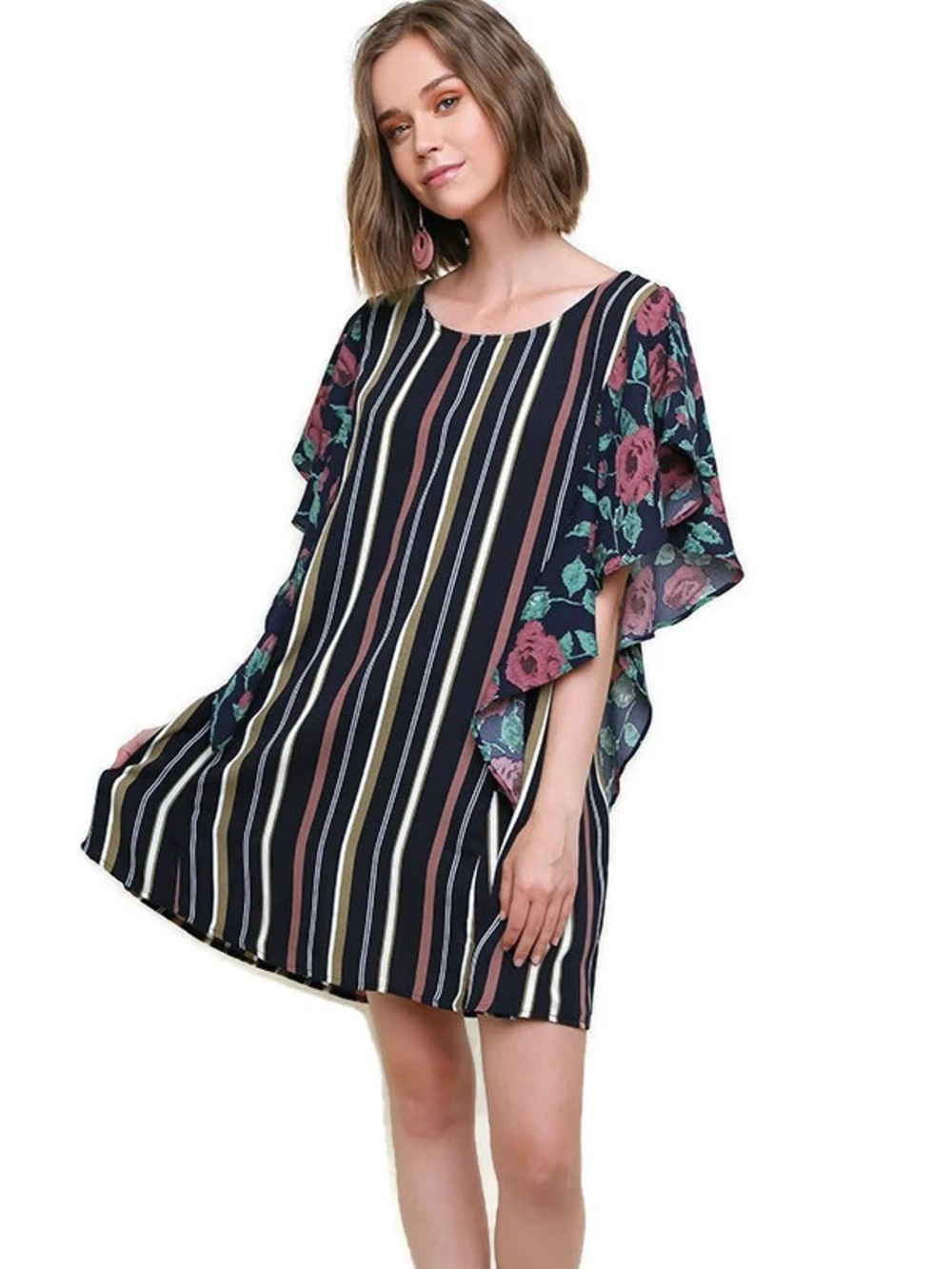 New Umgee Striped & Floral Ruffle Sleeve Shift Dress Navy Mix Fall Women’s Small